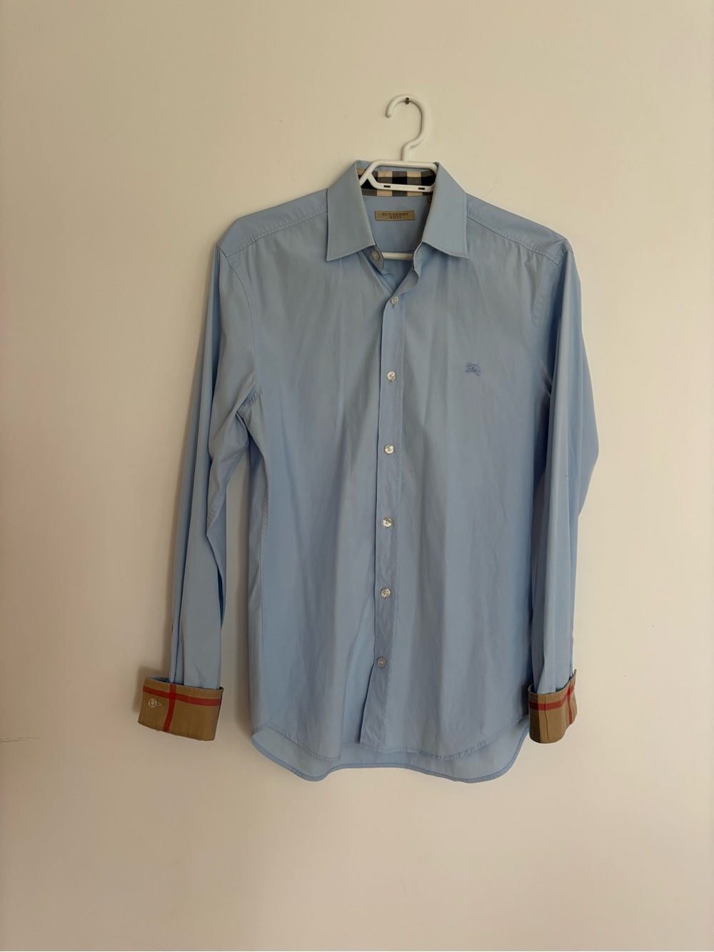 Burberry Pale Blue Men's Long-Sleeve Dress Shirt with Check Cuff Detail Size S